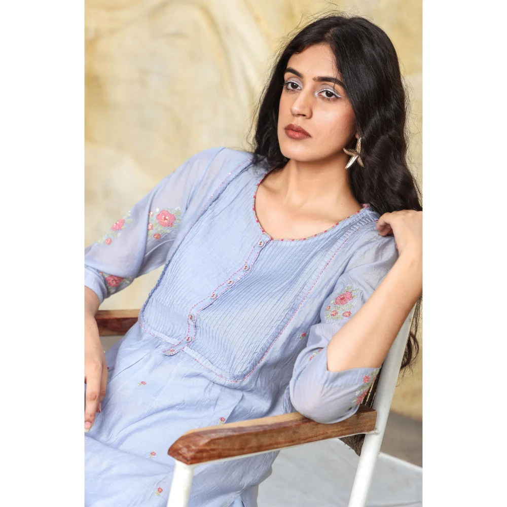 Tatwa Designs Midnight Blue Yoke Pintuck Kurta (Set of 3) - Image 4