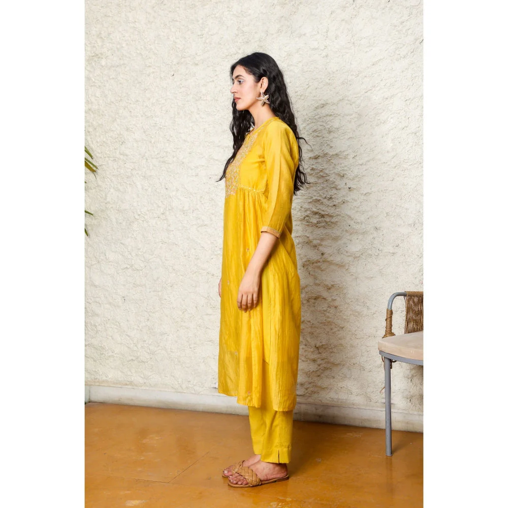 Tatwa Designs Mustard Yoke Jaal Kurta (Set of 3) - Image 2
