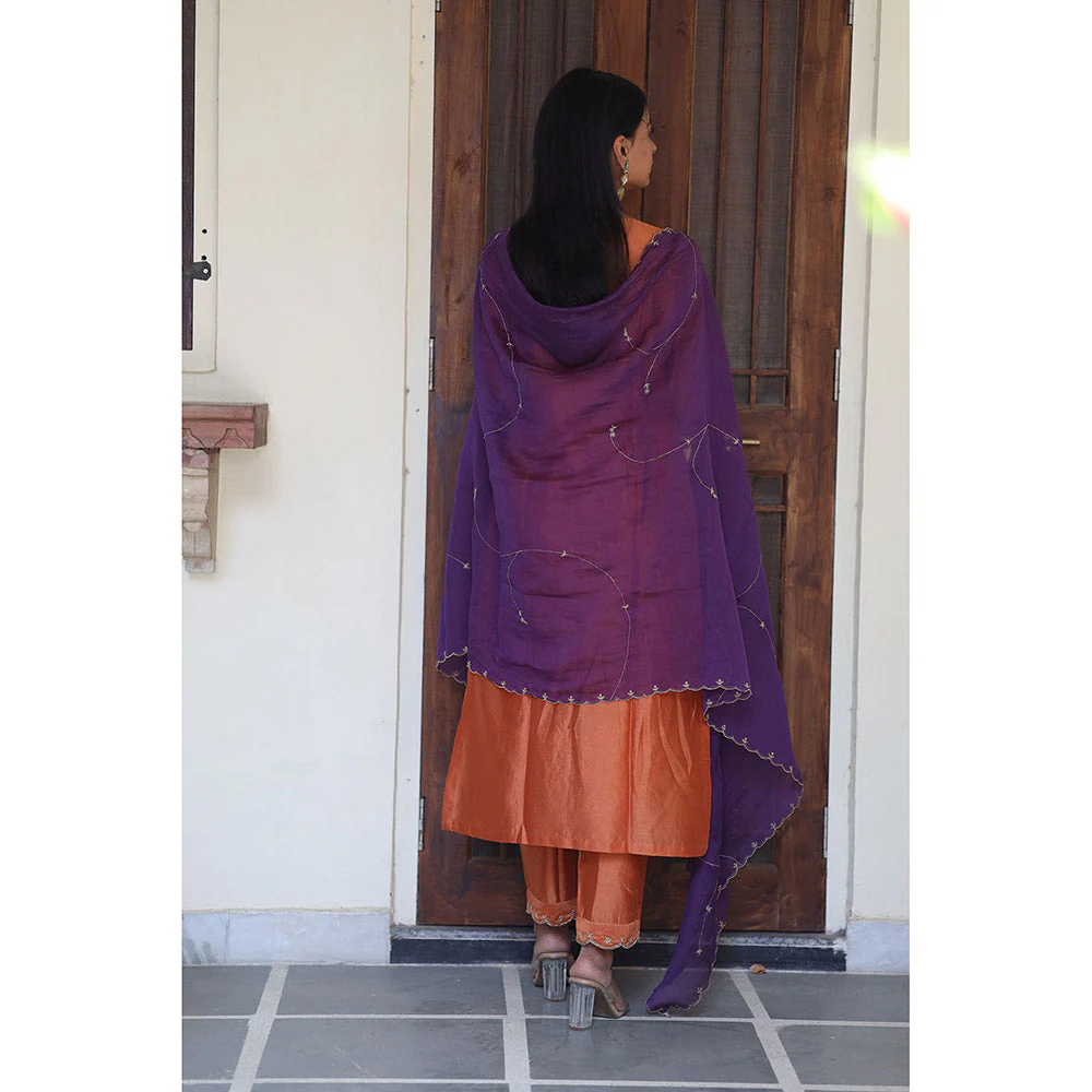 Tatwa Designs Orange Peonies and Parrot Kurta with Pant & Dupatta (Set of 3) - Image 6
