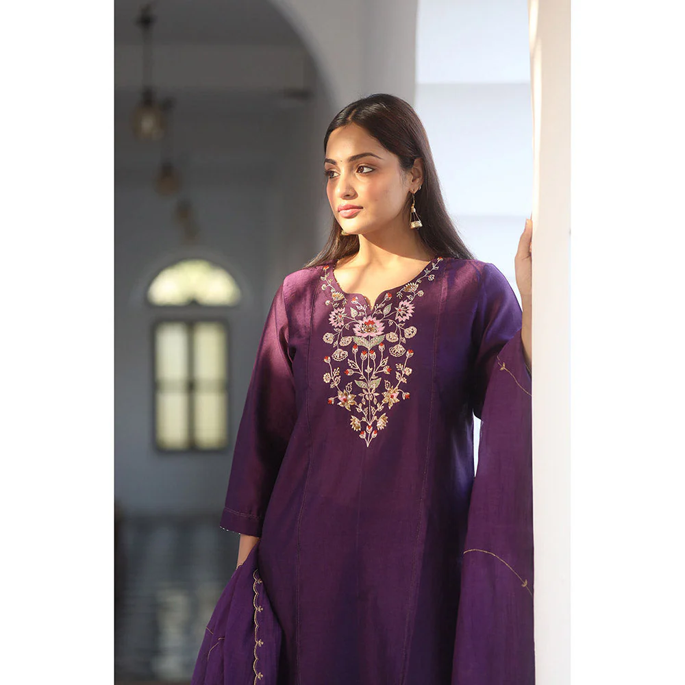 Tatwa Designs Purple Floral Bouquet Kurta with Pant & Dupatta (Set of 3) - Image 4