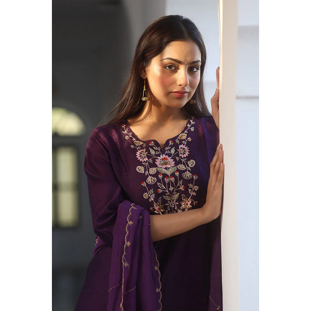 Tatwa Designs Purple Floral Bouquet Kurta with Pant & Dupatta (Set of 3) - Image 5
