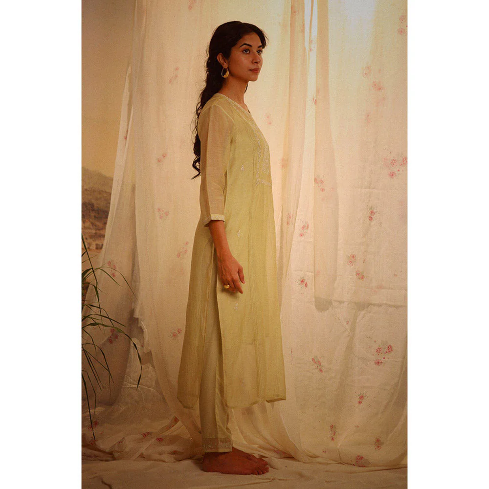 Tatwa Designs Sage Green Tonal Yoke Kurta (Set of 3) - Image 7