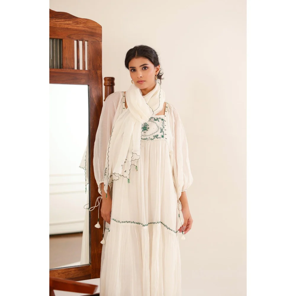 Tatwa Designs Women White Chanderi Embroidered Midi Dress With Dupatta - Image 3