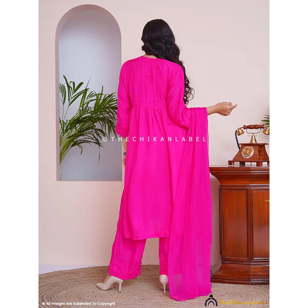 The Chikan Label Alia Muslin Chikankari Kurta Set With Dupatta - Pink - Image 2