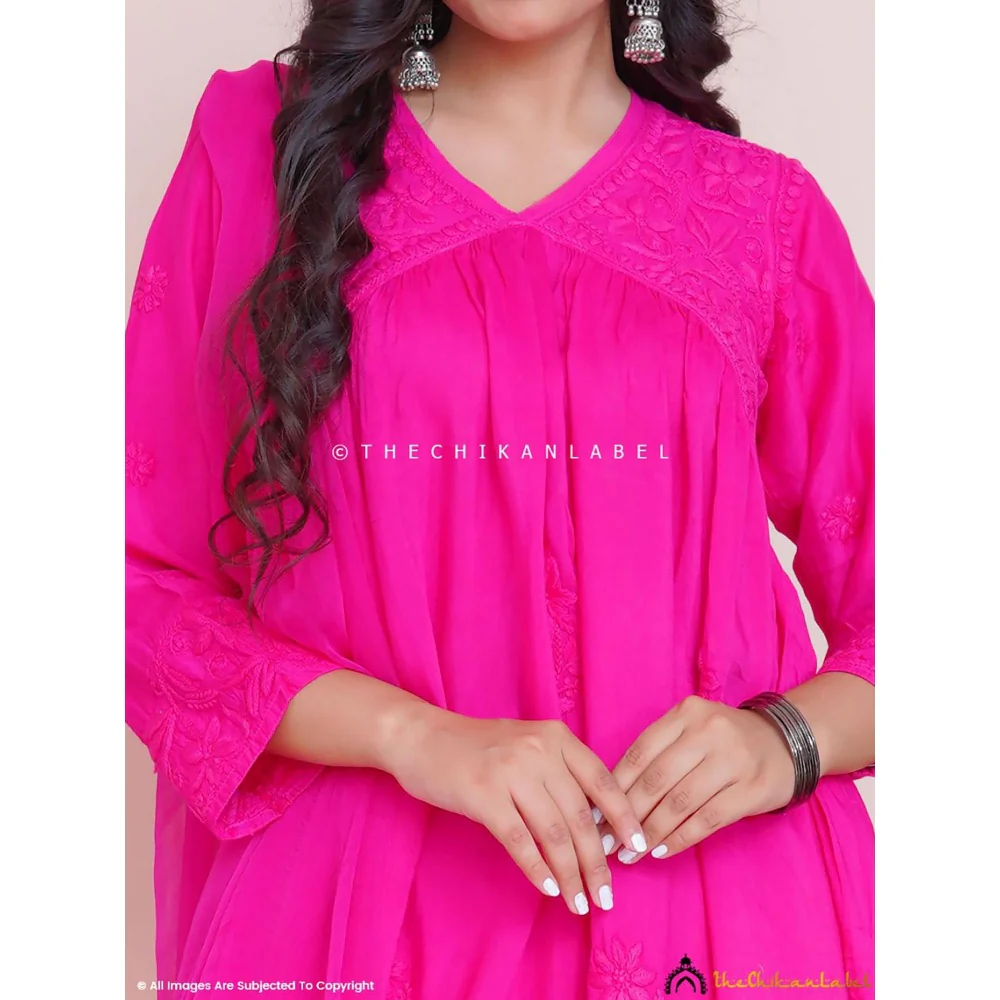 The Chikan Label Alia Muslin Chikankari Kurta Set With Dupatta - Pink - Image 4
