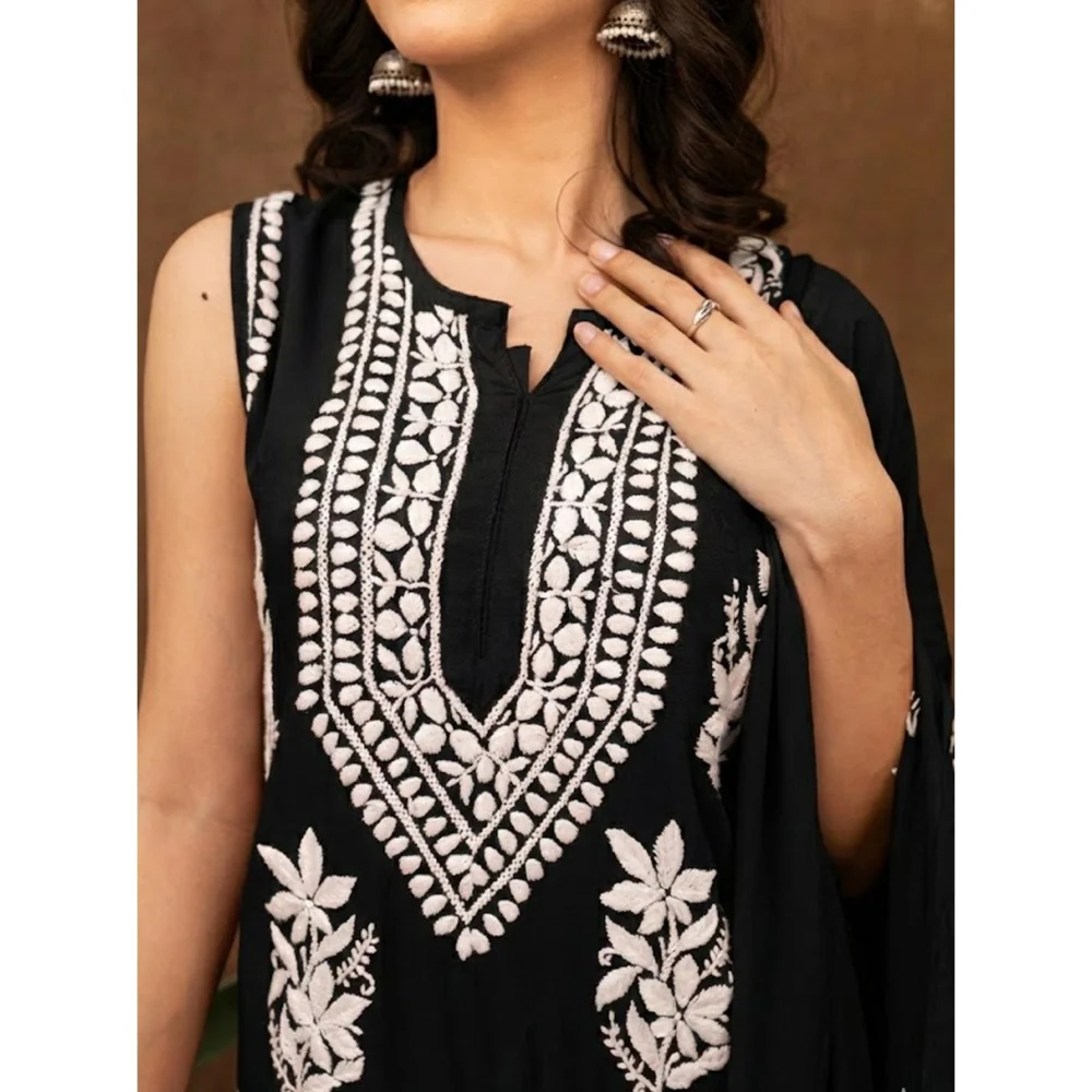 The Chikan Label Black Ashvi Modal Chikankari Sleeveless Kurta with Pant and Dupatta - Image 3