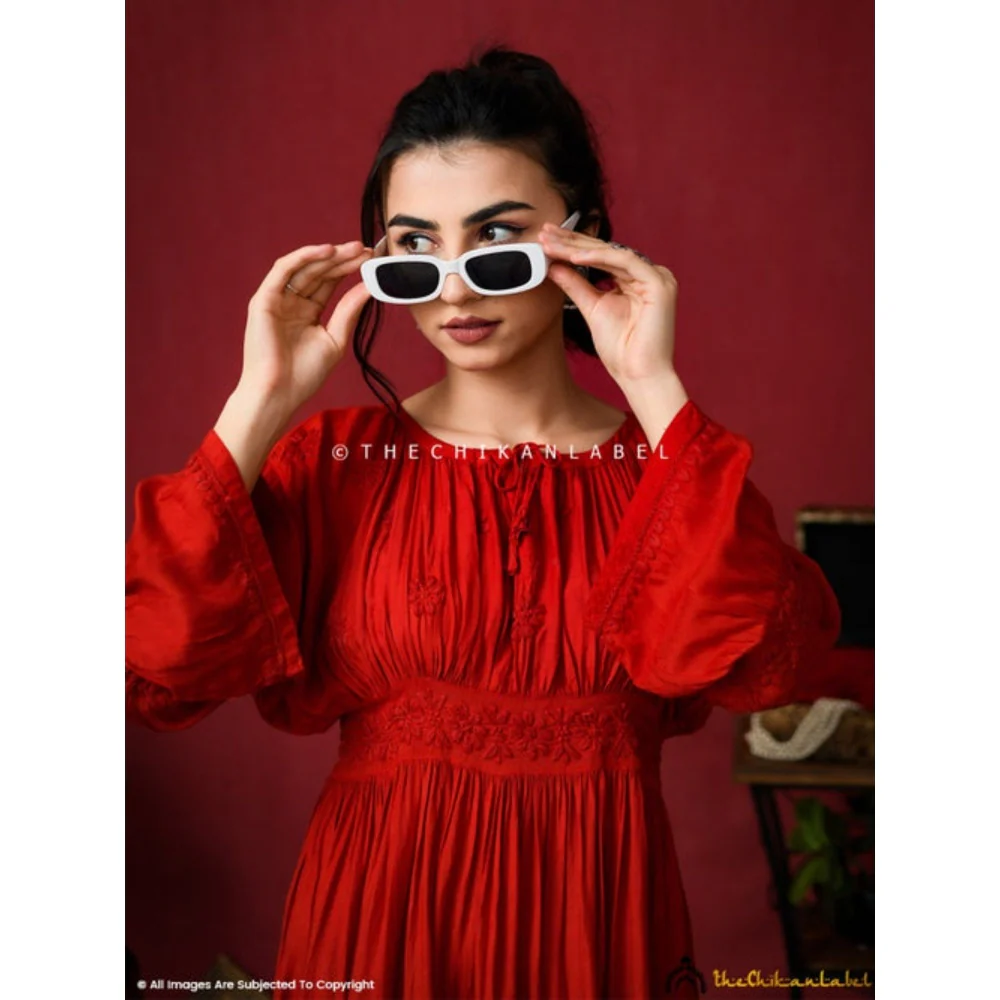 The Chikan Label Embroidered Chikankari Muslin Red Midi Dress - Image 4