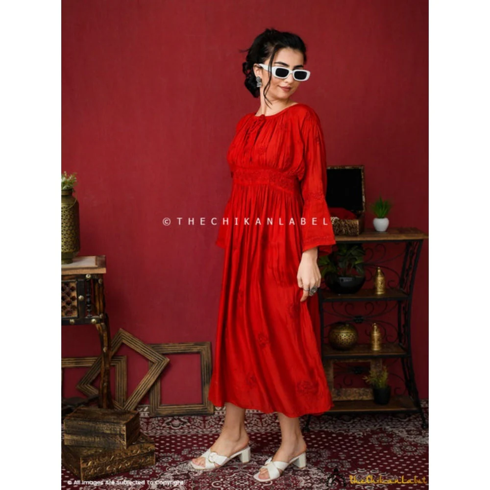 The Chikan Label Embroidered Chikankari Muslin Red Midi Dress - Image 5
