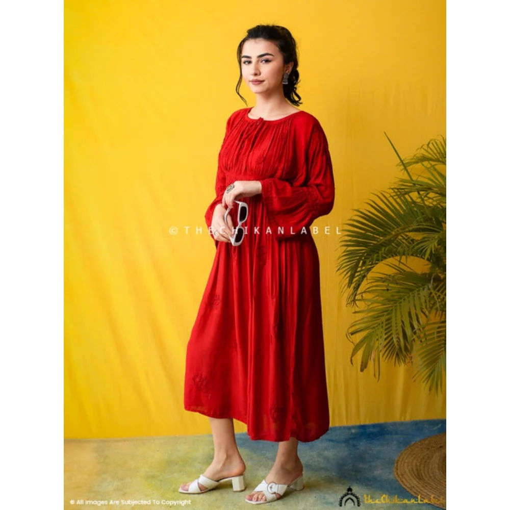 The Chikan Label Embroidered Chikankari Muslin Red Midi Dress - Image 7