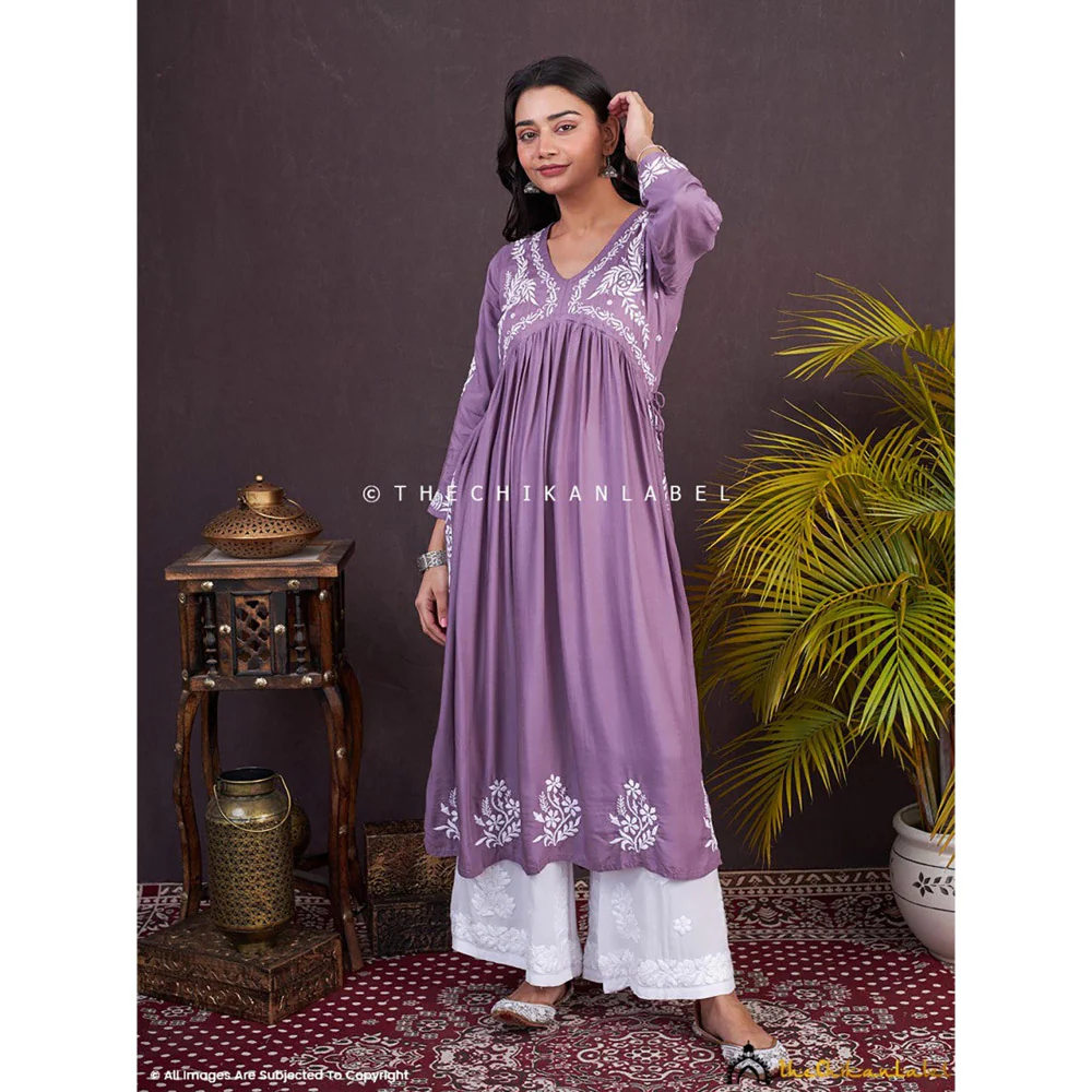 The Chikan Label Nayra Modal Chikankari Mauve Anarkali - Image 6