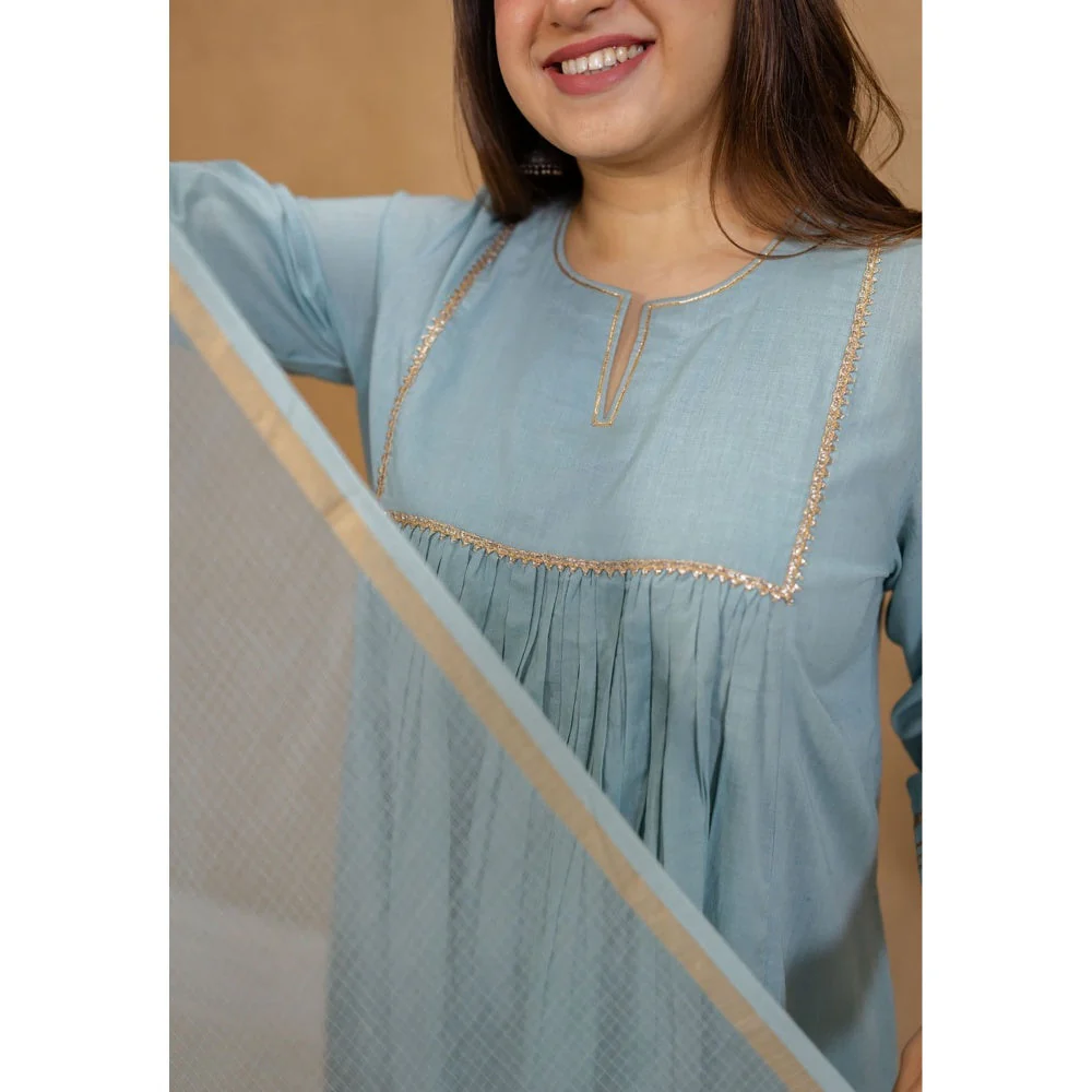 The Indian Ethnic Co. Blue Cotton Anarkali Kurta with Churidar and Dupatta (Set of 3) - Image 4