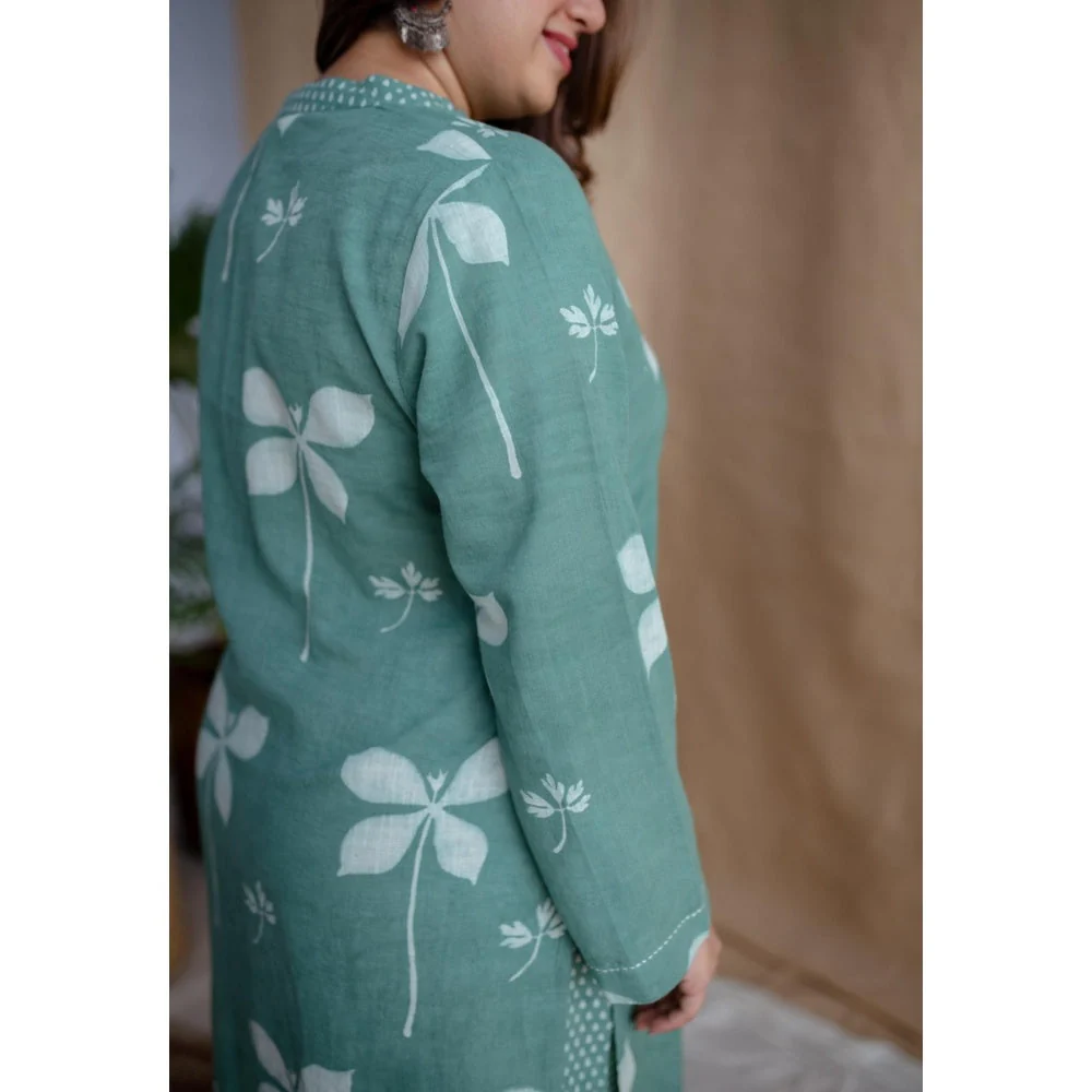 The Indian Ethnic Co. Green Straight Dabu Slub Cotton Printed Kurta with Palazzo (Set of 2) - Image 7