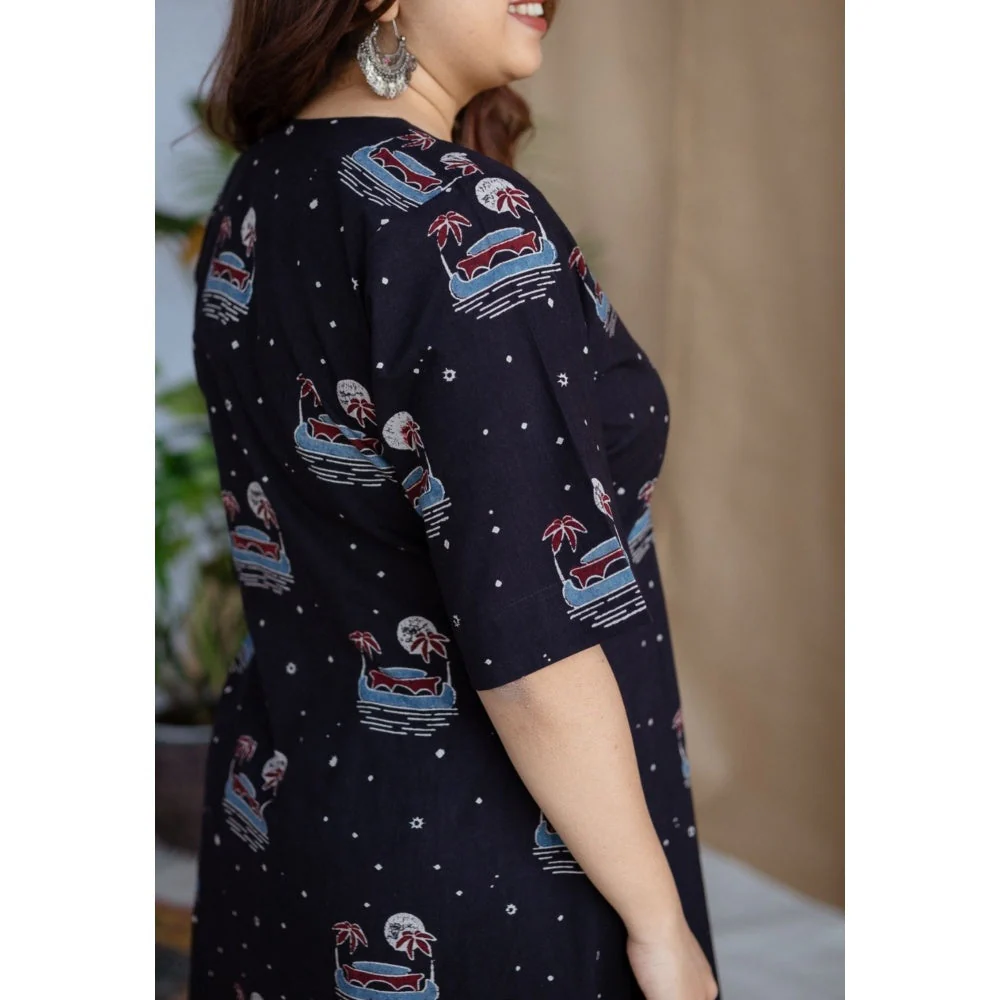 The Indian Ethnic Co. Kochi Ajrakh Navy Blue Cotton Dress - Image 3