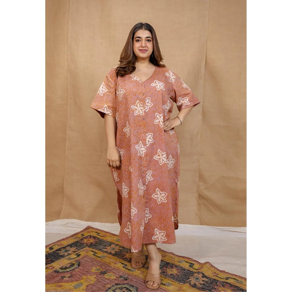 The Indian Ethnic Co. Peach Loose Hand Block Printed Dress - Image 5