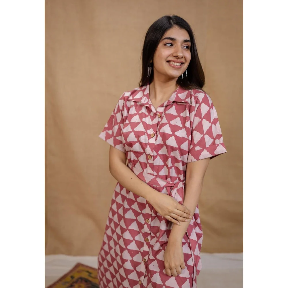 The Indian Ethnic Co. Pink Straight Hand Block Printed Dress with Belt (Set of 2) - Image 6