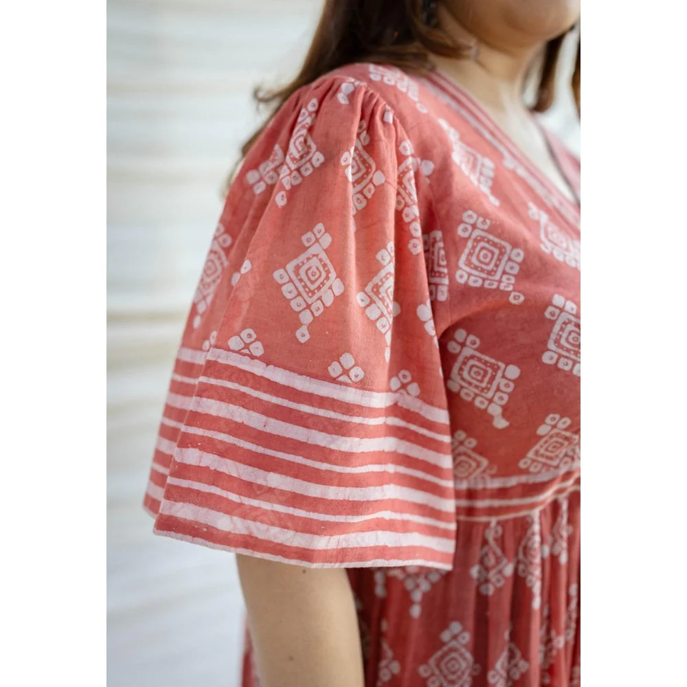 The Indian Ethnic Co. Red A-Line Batik Hand Block Mul Dress With Slip (Set of 2) - Image 4