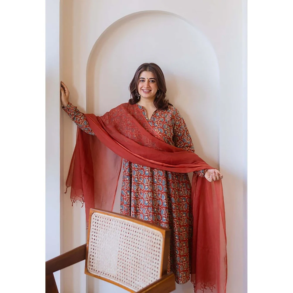 The Indian Ethnic Co. Shinat Red Ajrakh Cotton Kali Kurta With Hand Embroidery - Image 4