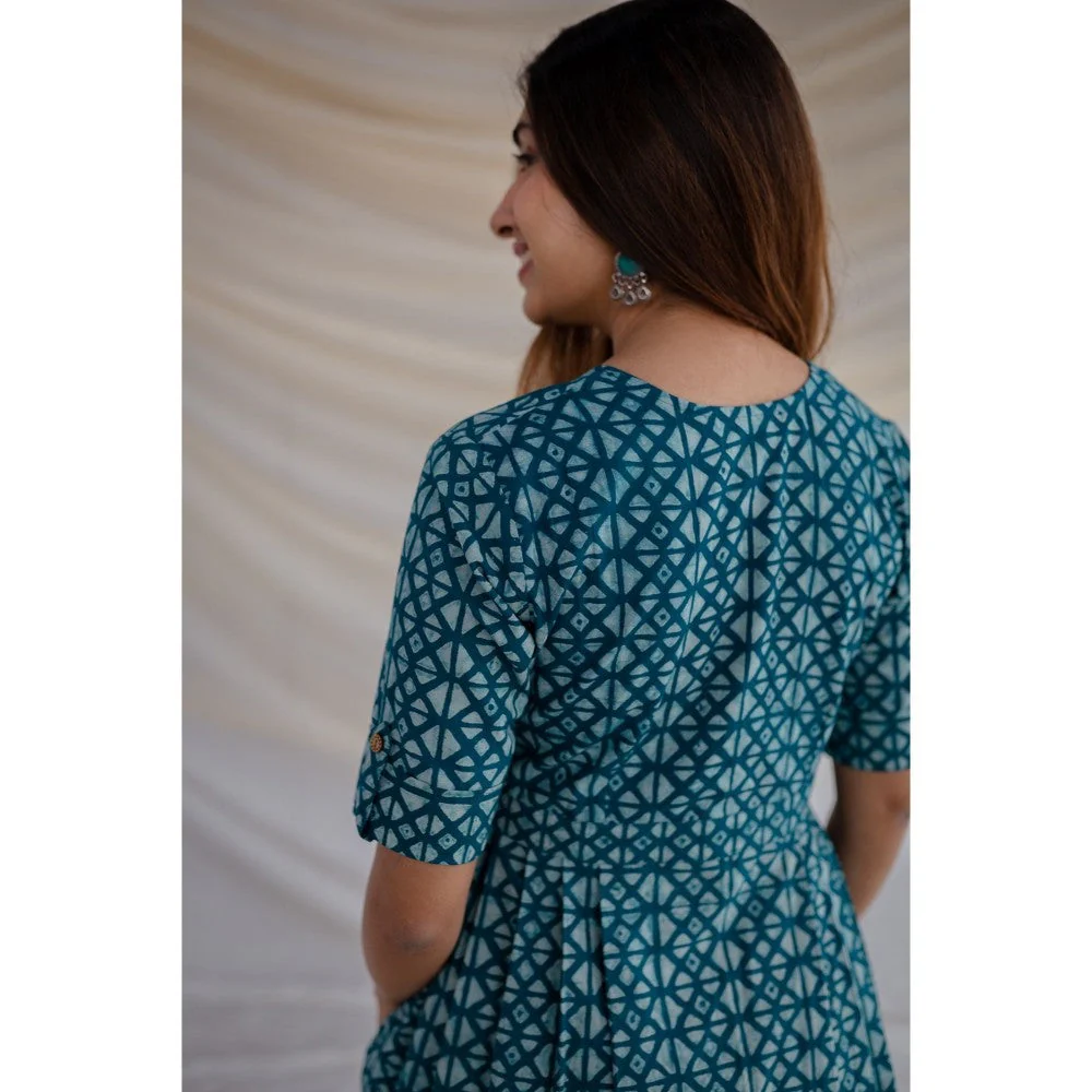 The Indian Ethnic Co. Teal Geometric Print Dabu Cotton Dress - Image 6