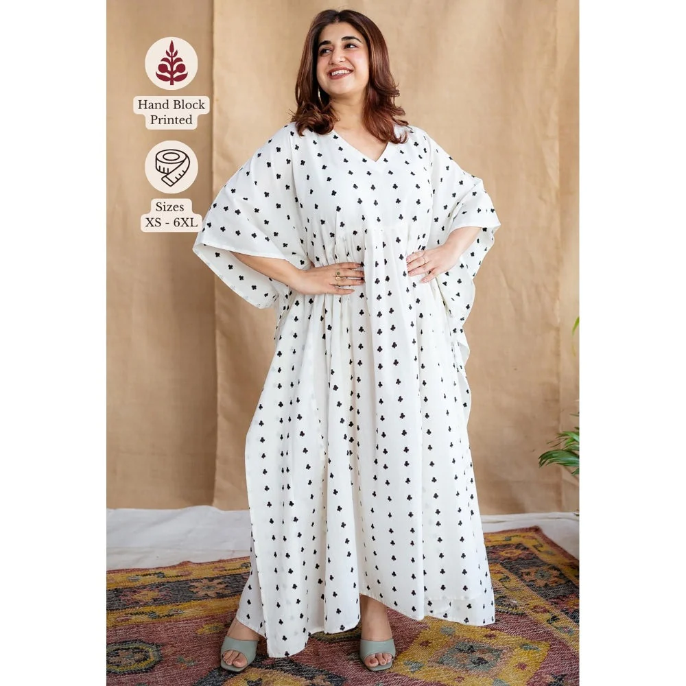 The Indian Ethnic Co. White Loose Dabu Cotton Hand Block Printed Kaftan Dress