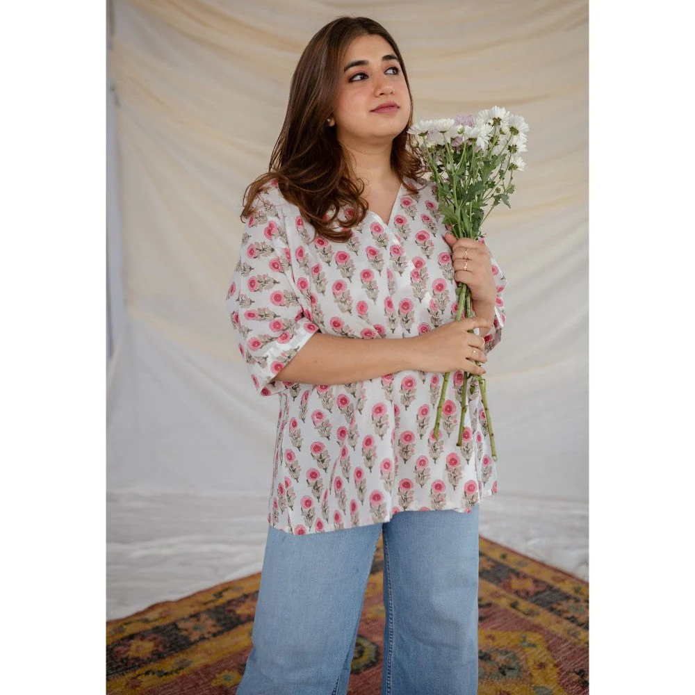 The Indian Ethnic Co. White Sanganeri Organic Cotton Top