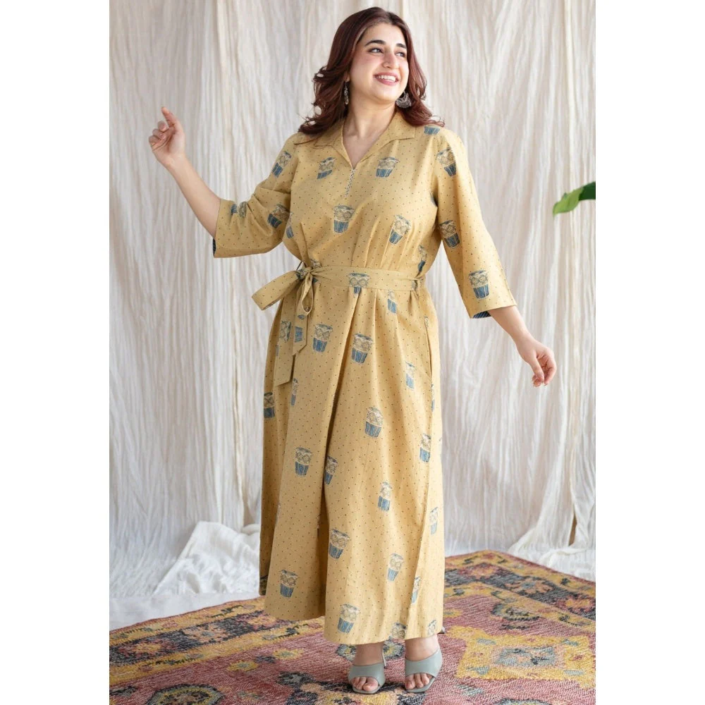 The Indian Ethnic Co. Yellow Ajrakh Cotton Printed Collar Neck Dress with Belt (Set of 2) - Image 8