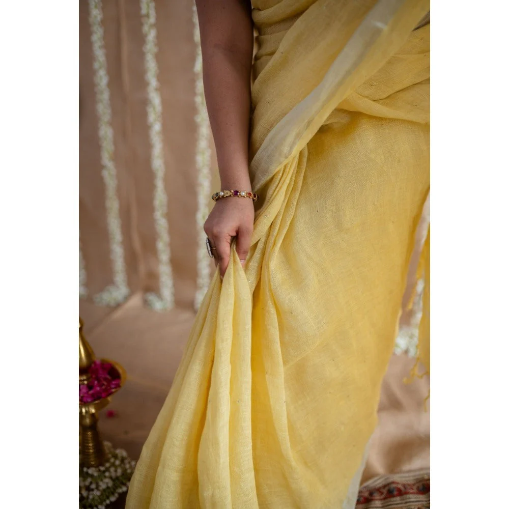 The Indian Ethnic Co. Yellow Silver Zari Border Saree & Unstitched with Mukaish Detailing - Image 7