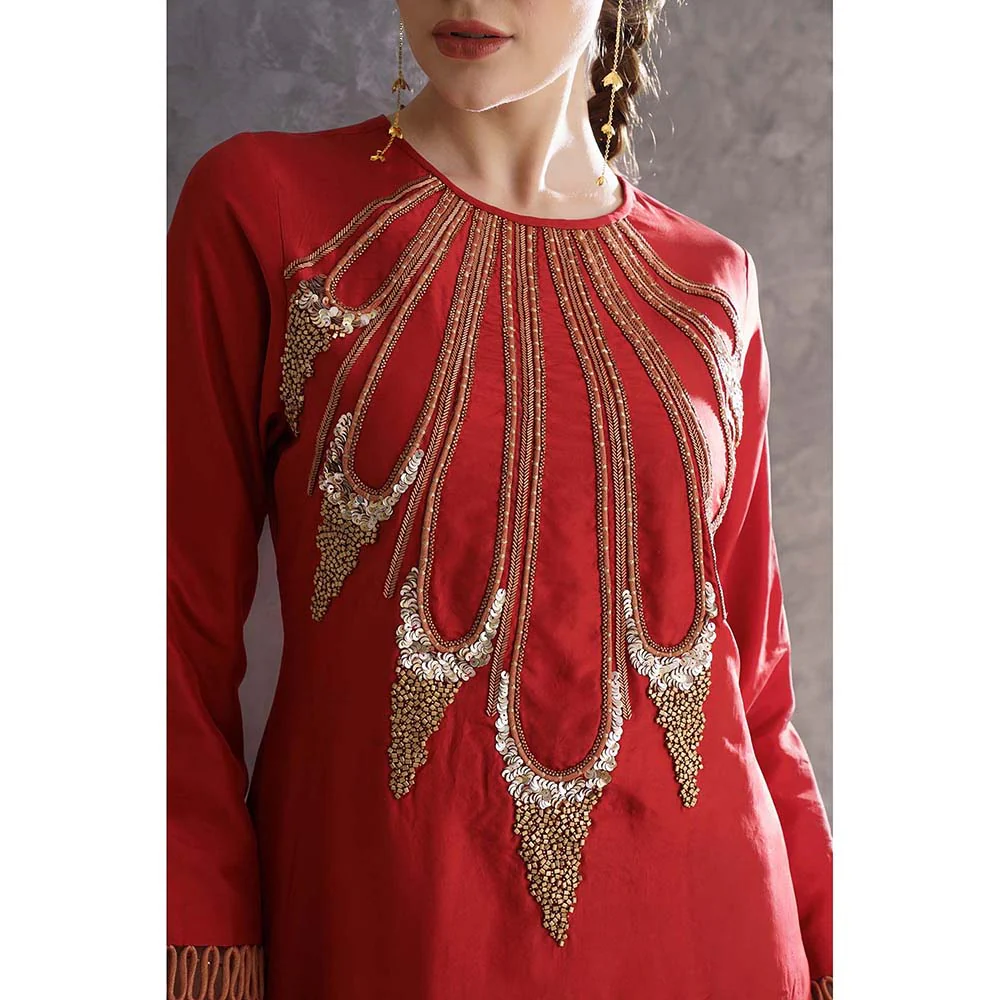 THE SILK LOVE Red Kurta With Pant And Dupatta - Image 3