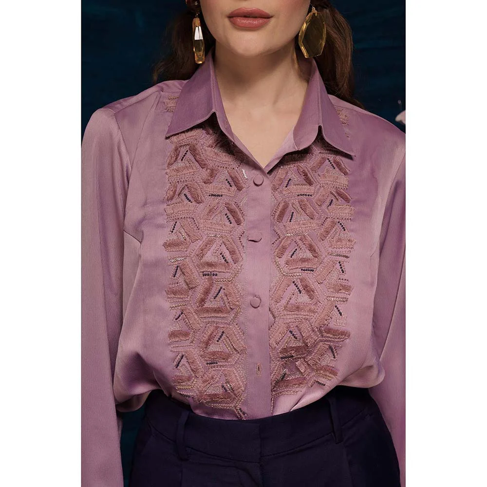 THE SILK LOVE Trendy Rhombus Satin Crepe Shirt In Mauve - Image 5