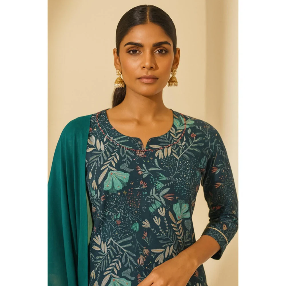 Thee Modern Roots Women'S Green Cotton Floral Round Neck Kurta with Pant and Dupatta - Image 3