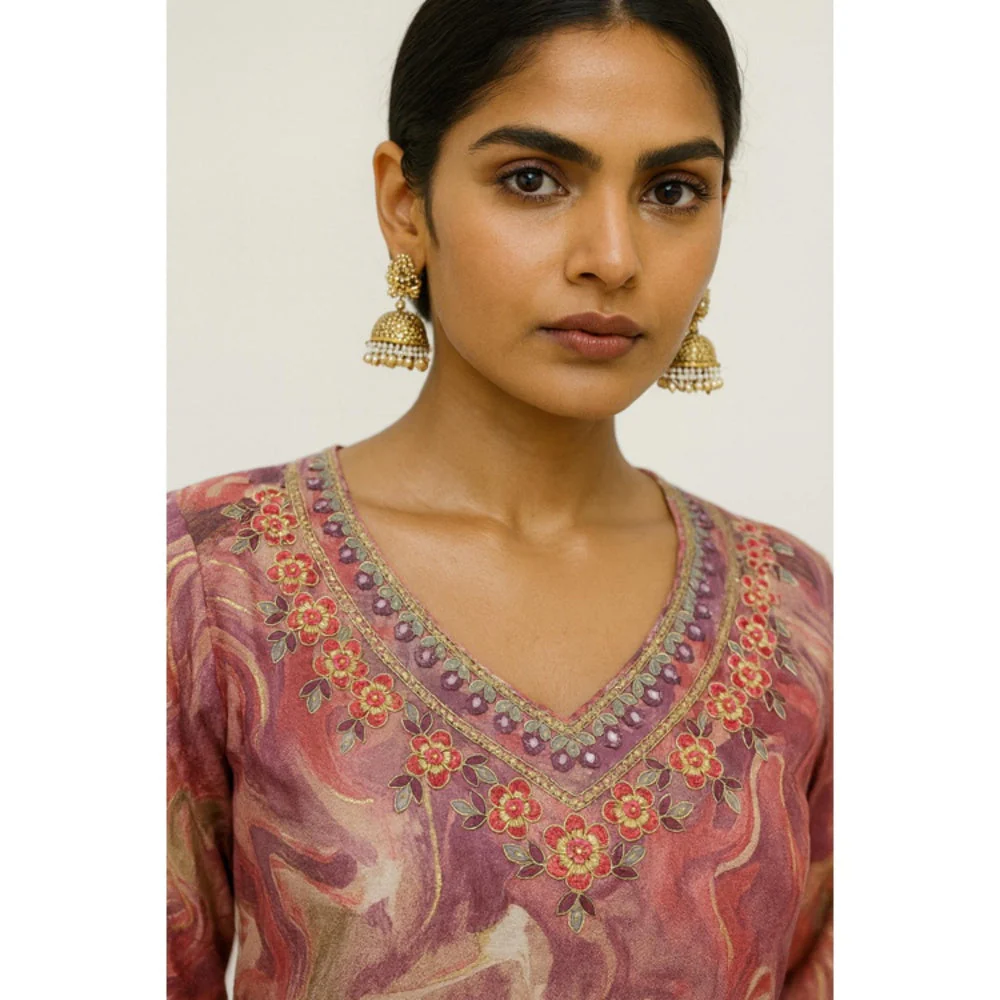Thee Modern Roots Women'S Peach Cotton Printed V-Neck Kurta with Pant and Dupatta - Image 3