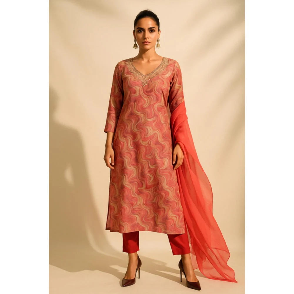 Thee Modern Roots Women'S Peach Cotton Printed V-Neck Kurta with Pant and Dupatta - Image 4