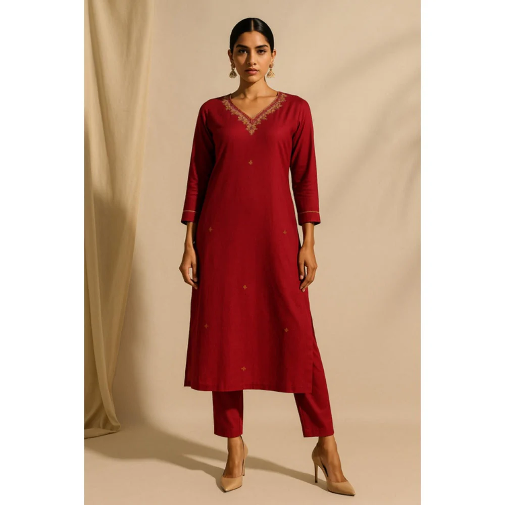 Thee Modern Roots Women'S Red Viscose Printed V-Neck Kurta with Pant and Dupatta - Image 3