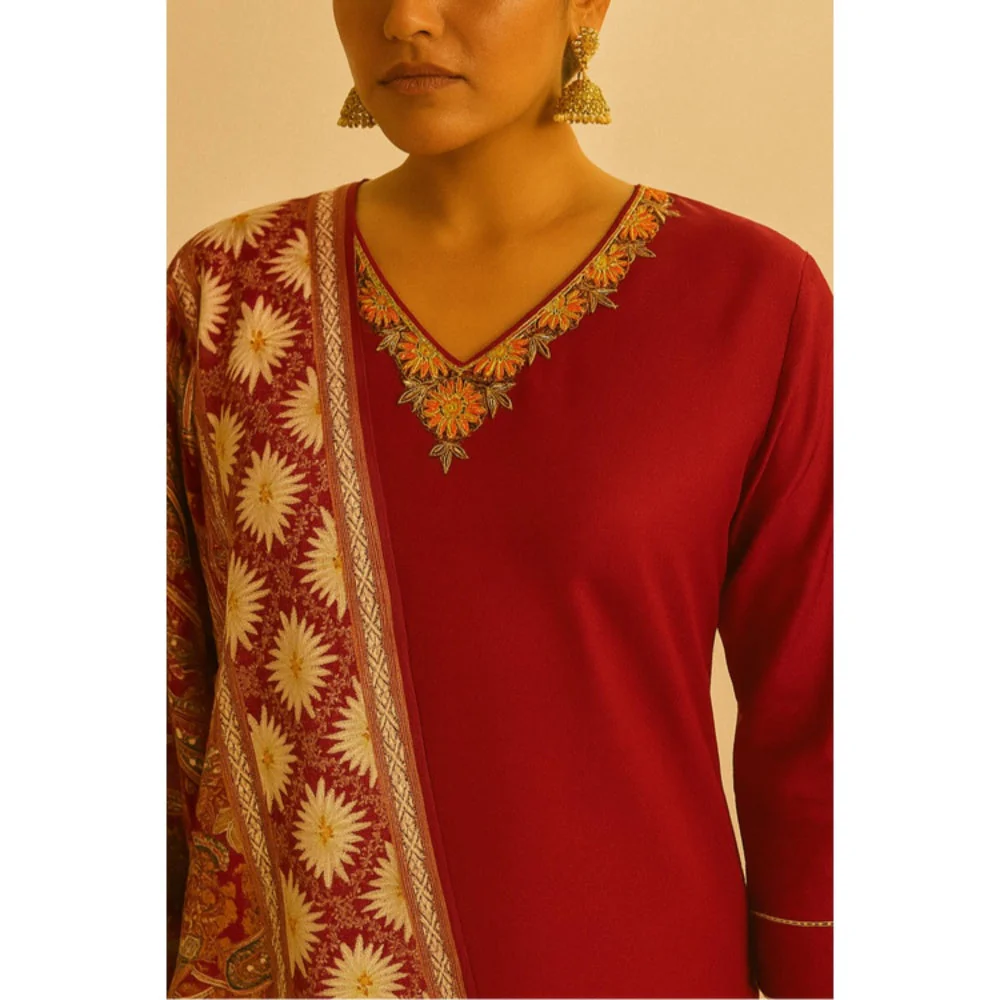 Thee Modern Roots Women'S Red Viscose Printed V-Neck Kurta with Pant and Dupatta - Image 4