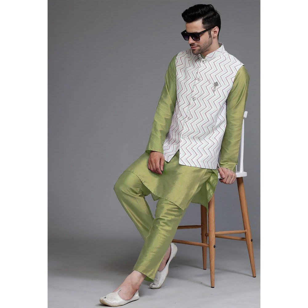 UTSAV FASHION Art Silk Olive Green Kurta with Pyjama and Nehru Jacket - Image 3