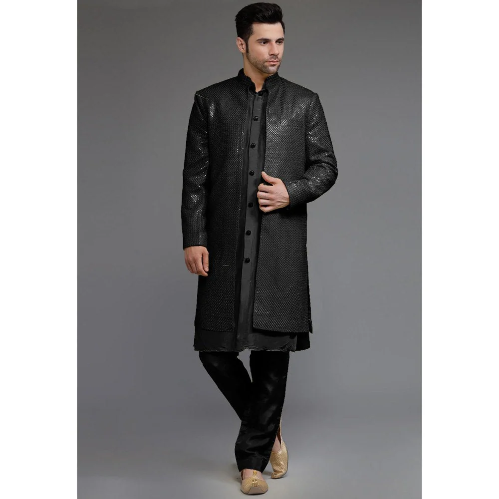 UTSAV FASHION Black Cotton Silk Embellished Sherwani With Kurta & Pant