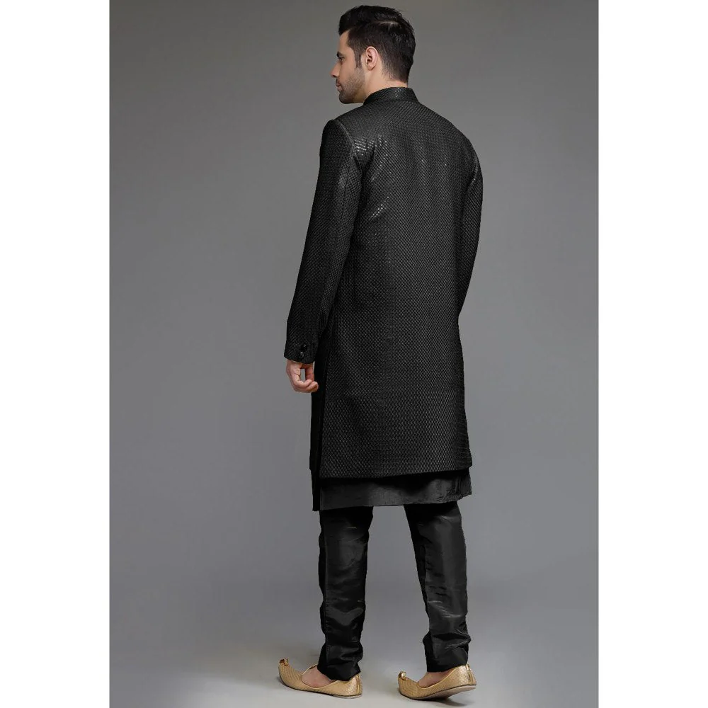 UTSAV FASHION Black Cotton Silk Embellished Sherwani With Kurta & Pant - Image 2