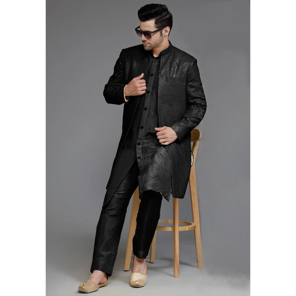 UTSAV FASHION Black Cotton Silk Embellished Sherwani With Kurta & Pant - Image 5