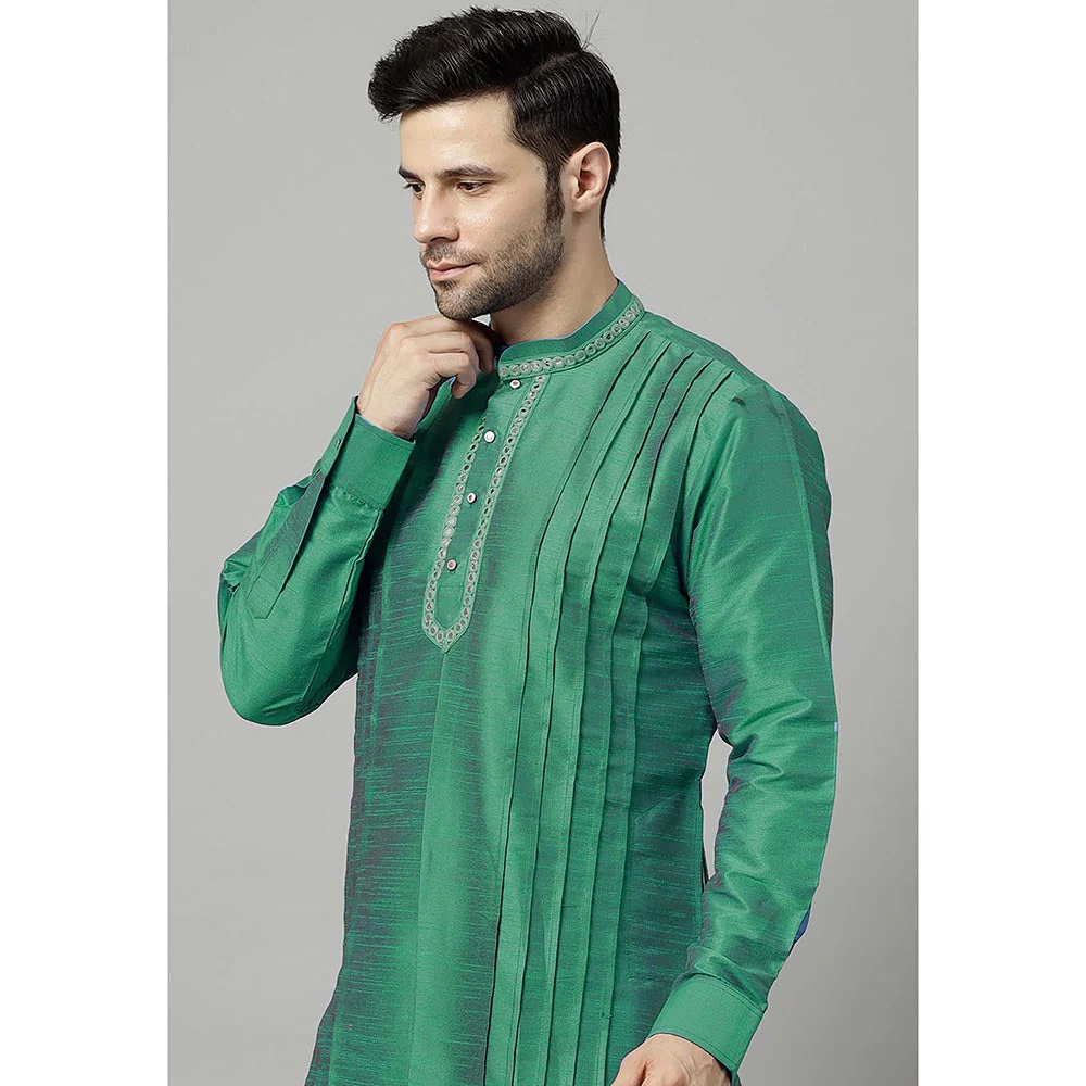 UTSAV FASHION Green Men Yoke Design Pleated Mirror Work Kurta and Pant - Image 5
