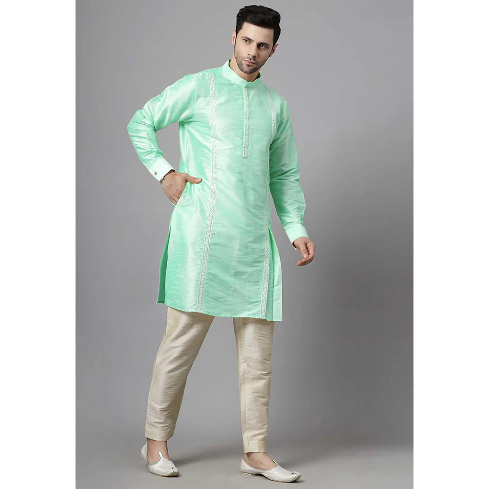 UTSAV FASHION Men Green Embroidered High Slit Sequined Kurta and Pant - Image 2