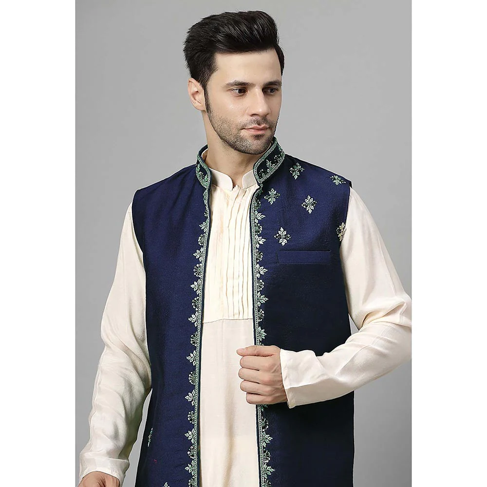 UTSAV FASHION Men Navy Blue Beads and Stones Kurta with Pant and Jacket - Image 5
