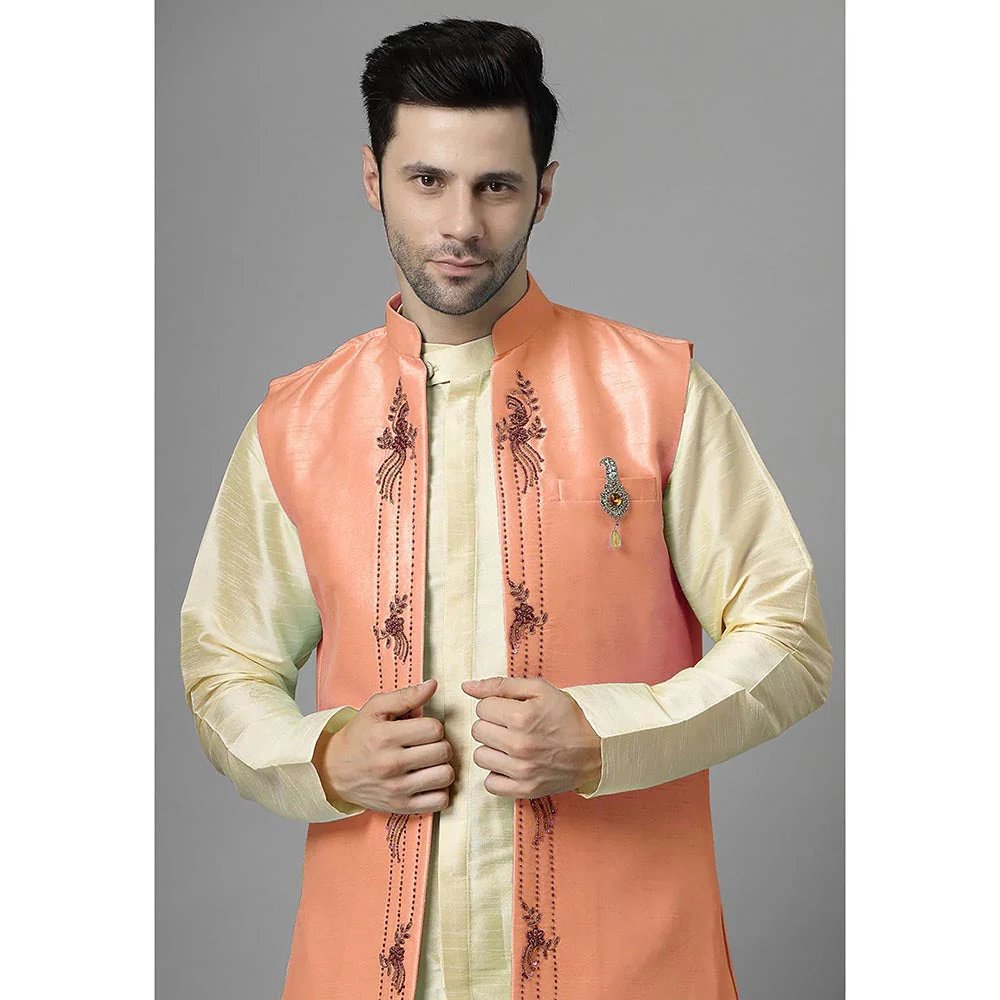UTSAV FASHION Men Orange Ethnic Beads and Stones Kurta Pant and Jacket - Image 5