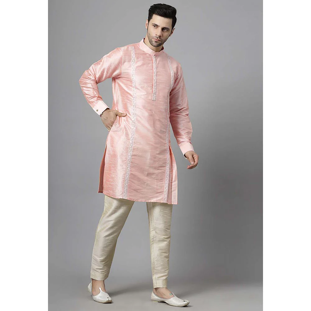 UTSAV FASHION Men Peach Embroidered High Slit Sequined Kurta and Pant - Image 2