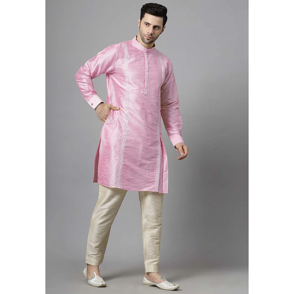 UTSAV FASHION Men Pink Embroidered High Slit Sequined Kurta and Pant - Image 2