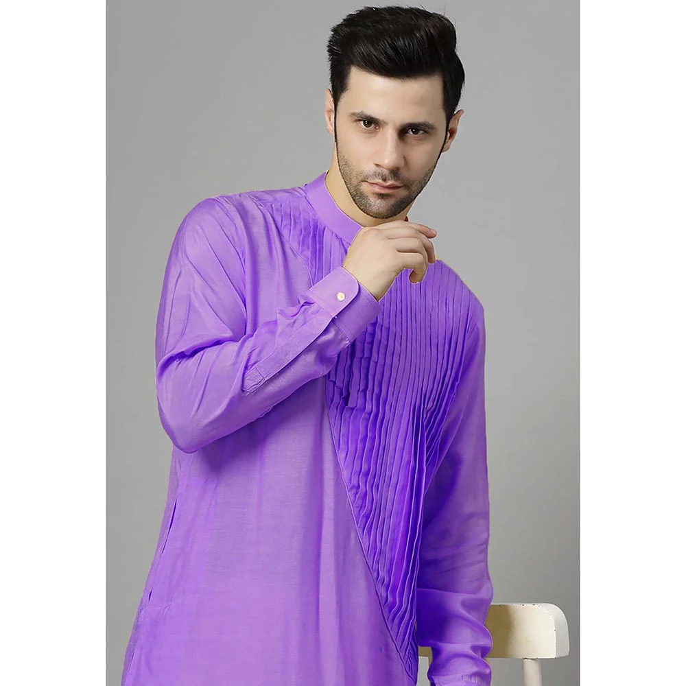 UTSAV FASHION Men Purple Pleated Silk Kurta and Pant - Image 4