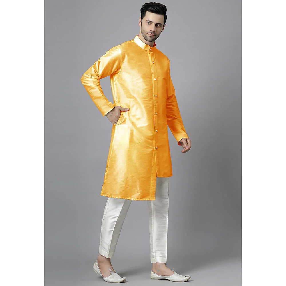 UTSAV FASHION Men Yellow Silk Straight Kurta and Pant - Image 3