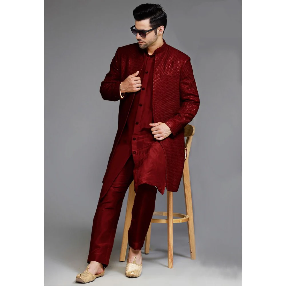 UTSAV FASHION Red Cotton Silk Embellished Sherwani With Kurta & Pant - Image 4