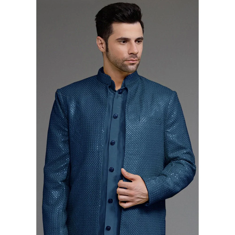 UTSAV FASHION Teal Cotton Silk Embellished Sherwani With Kurta & Pant - Image 3