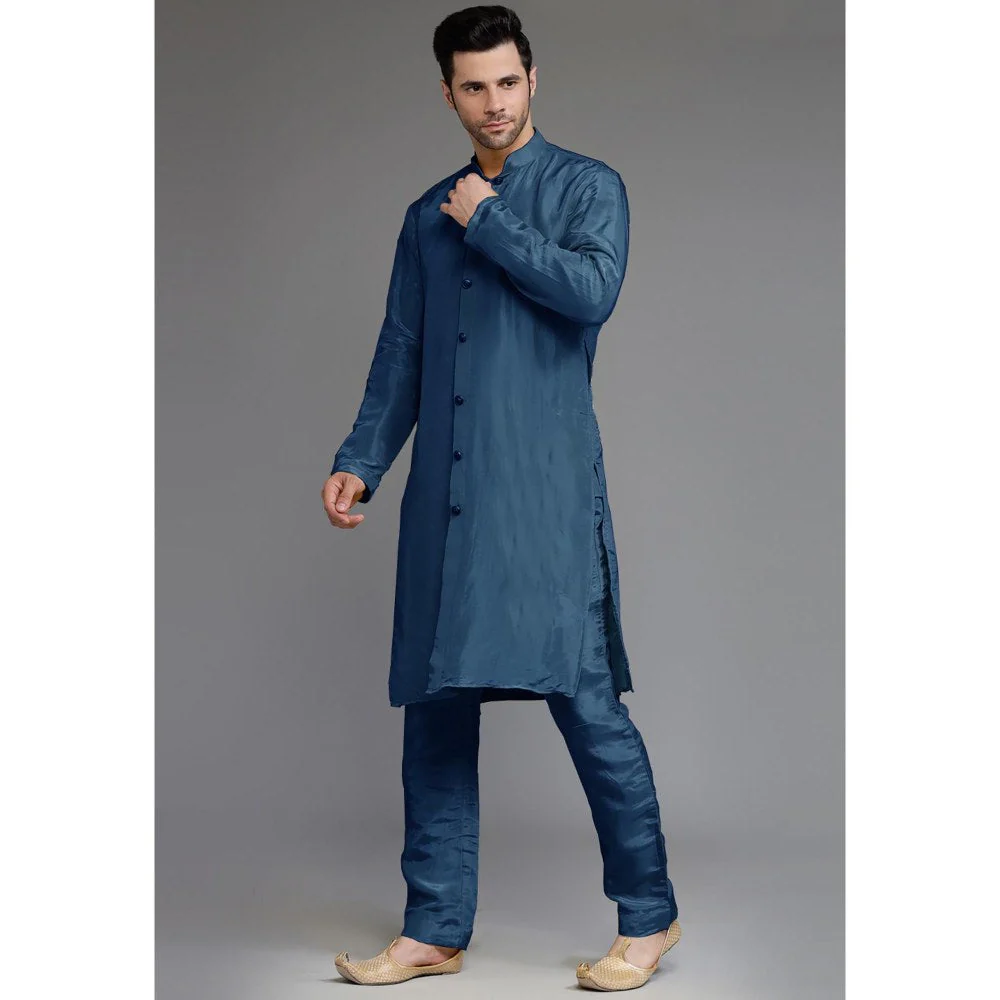 UTSAV FASHION Teal Cotton Silk Embellished Sherwani With Kurta & Pant - Image 4
