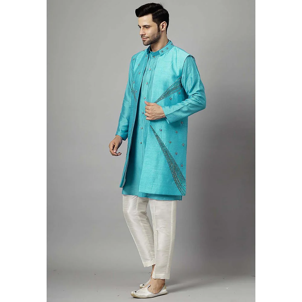 UTSAV FASHION Turquoise Dupion Silk Straight Kurta and Pant with Jacket - Image 2