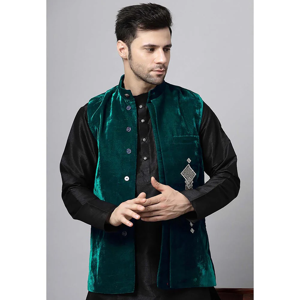 UTSAV FASHION Turquoise Straight Kurta and Pant with Nehru jacket - Image 5